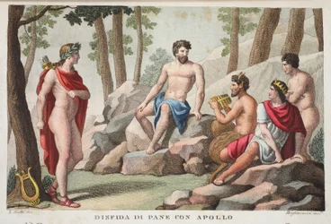 Pan und Apollo oder Dinfida di Pane con Apollo, Buch XI, Illustration aus Ovids Metamorphosen, Florenz, 1832